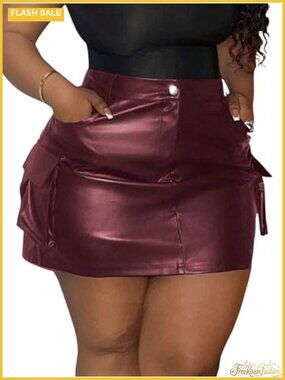 Plus Size PU Leather Mini Cargo Skirt High Waist Flap Pocket